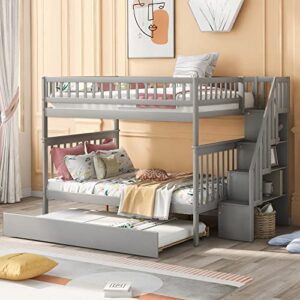 ubgo full over full bunk bed with pull out trundle bed and storage stairs, safety rails, full size bunk bed for kids teens adults, space saving, easy to assemble, grey