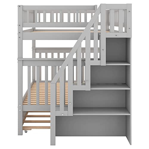 UBGO Full Over Full Bunk Bed with Pull Out Trundle Bed and Storage Stairs, Safety Rails, Full Size Bunk Bed for Kids Teens Adults, Space Saving, Easy to Assemble, Grey