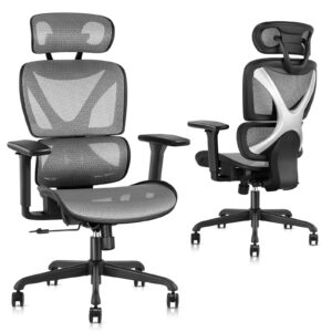 GABRYLLY Office Chair, Large Ergonomic Desk, High Back Computer Chair with Lumbar Support, 3D Armrest, Breathable Mesh, Adjustable Headrest with Tilt Function, Easy Assembly(Grey)