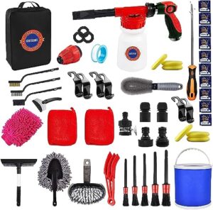 52pcs car wash cleaning kit with foam gun, car detailing brushes & microfiber wash mitts for car cleaning supplies, adjustable hose wash sprayer and complete interior exterior car detailing set