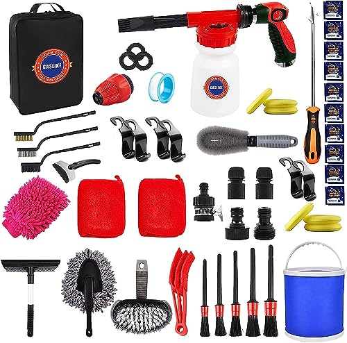 52Pcs Car Wash Cleaning Kit with Foam Gun, Car Detailing Brushes & Microfiber Wash Mitts for Car Cleaning Supplies, Adjustable Hose Wash Sprayer and Complete Interior Exterior Car Detailing Set