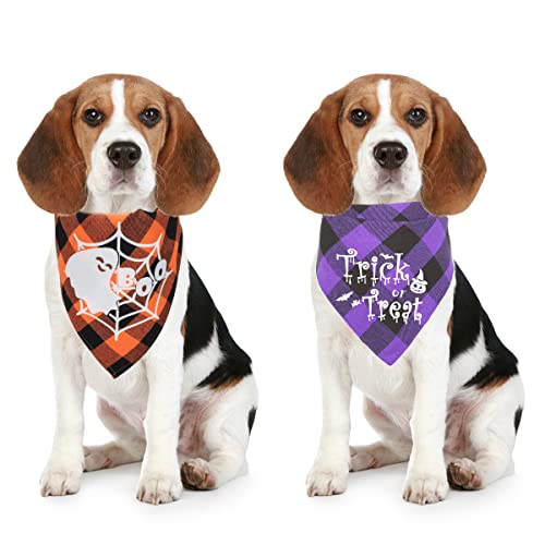 2 Pack Halloween Dog Bandanas Triangle Bibs Dog Scarf Accessories Fluorescence Pattern Cat Scarf for Party Orange Purple Spider Web Pumpkin