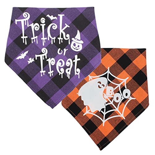 2 Pack Halloween Dog Bandanas Triangle Bibs Dog Scarf Accessories Fluorescence Pattern Cat Scarf for Party Orange Purple Spider Web Pumpkin