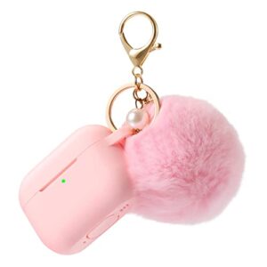case cover for airpods pro 2nd generation charging case 2022, soft silicone protective case with keychain and cute puff pom pom ball kit front led visible (light pink)