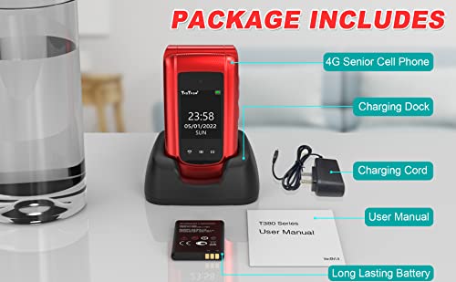 4G LTE Seniors Cell Phone Dual Standby Unlocked Senior Flip Phone SOS Big Button Senior Basic Phone for Elderly 2.4 Inch Screen Unlocked Feature Cell Phone with Charging Dock (Red)