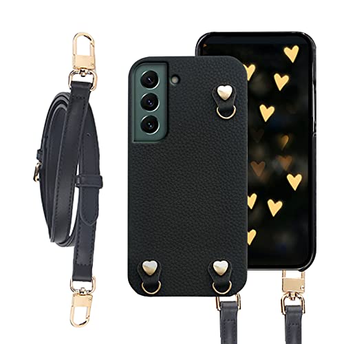 qichenlu Genuine Leather Crossbody Case Designed for Samsung Galaxy S22, Durable Cute Trendy Heart Cowhide Cover with Detachable & Adjustable Shouler Strap Neck Lanyard Chain, Black