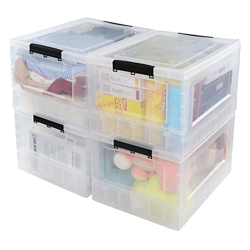 Sandmovie 32 Quart Clear Plastic Folding Storage Bin, Clear Latch Totes with Lids, 4 Pack