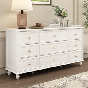homsee 9 drawers double dresser with stylish legs, modern wood dresser chest of drawers with large storage space for bedroom, white (63”l x 15.7”w x 31.5”h)