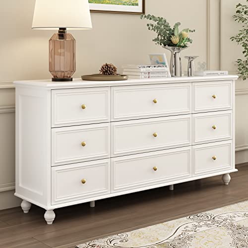 Homsee 9 Drawers Double Dresser with Stylish Legs, Modern Wood Dresser Chest of Drawers with Large Storage Space for Bedroom, White (63”L x 15.7”W x 31.5”H)