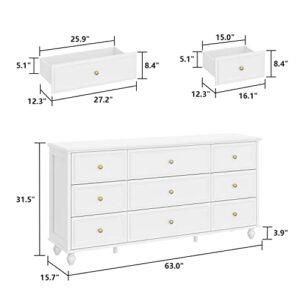 Homsee 9 Drawers Double Dresser with Stylish Legs, Modern Wood Dresser Chest of Drawers with Large Storage Space for Bedroom, White (63”L x 15.7”W x 31.5”H)