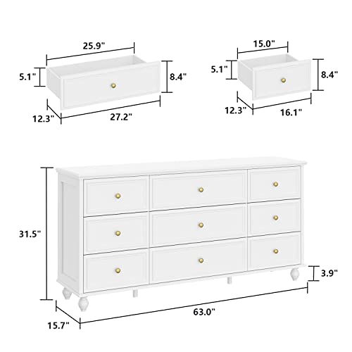 Homsee 9 Drawers Double Dresser with Stylish Legs, Modern Wood Dresser Chest of Drawers with Large Storage Space for Bedroom, White (63”L x 15.7”W x 31.5”H)