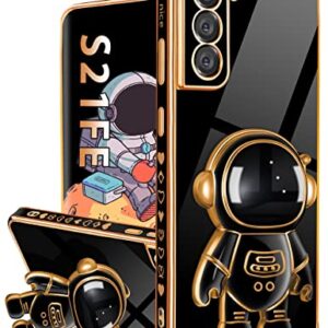 Buleens for Samsung Galaxy S21 FE Case with Astronaut Stand, Women Girls Galaxy S21 FE 5G Cases, Girly Cute 6D Outer Space Heart Pattern Phone Cover for S21 FE 6.4 Inch Black