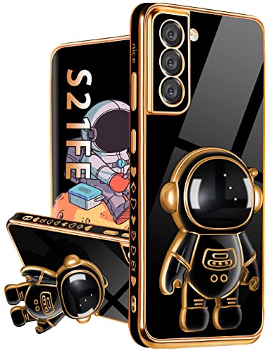 Buleens for Samsung Galaxy S21 FE Case with Astronaut Stand, Women Girls Galaxy S21 FE 5G Cases, Girly Cute 6D Outer Space Heart Pattern Phone Cover for S21 FE 6.4 Inch Black