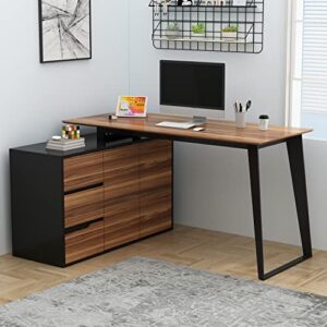 homsee home office computer desk corner desk with 3 drawers, 2 shelves & 2 doors, 55 inch large l-shaped study writing table with storage cabinet, black & brown (54.3”l x 40.9”w x 29.1”h)