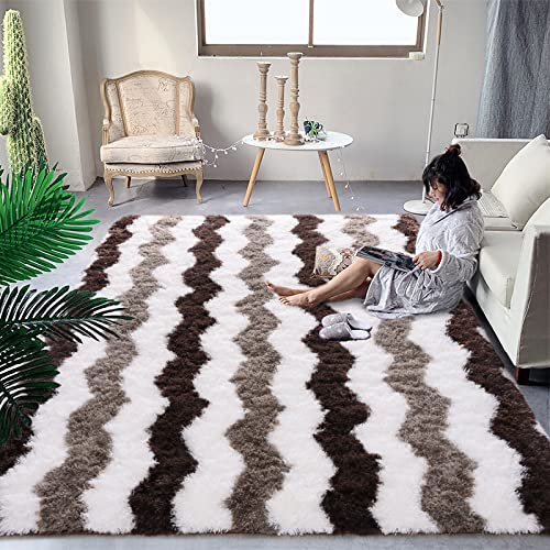 DweIke Super Soft Shaggy Rugs Carpets, 3x5 Feet, Plush Area Rugs for Living Room Bedroom, Fluffy ​Rug for Girls Kids Room, Shag Plush Rug for Teen Room Decor, Stripe Brown