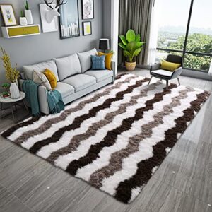 DweIke Super Soft Shaggy Rugs Carpets, 3x5 Feet, Plush Area Rugs for Living Room Bedroom, Fluffy ​Rug for Girls Kids Room, Shag Plush Rug for Teen Room Decor, Stripe Brown