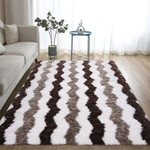 DweIke Super Soft Shaggy Rugs Carpets, 3x5 Feet, Plush Area Rugs for Living Room Bedroom, Fluffy ​Rug for Girls Kids Room, Shag Plush Rug for Teen Room Decor, Stripe Brown