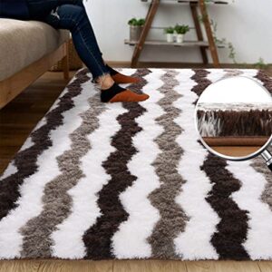 DweIke Super Soft Shaggy Rugs Carpets, 3x5 Feet, Plush Area Rugs for Living Room Bedroom, Fluffy ​Rug for Girls Kids Room, Shag Plush Rug for Teen Room Decor, Stripe Brown