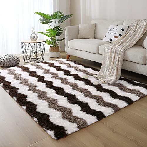 DweIke Super Soft Shaggy Rugs Carpets, 3x5 Feet, Plush Area Rugs for Living Room Bedroom, Fluffy ​Rug for Girls Kids Room, Shag Plush Rug for Teen Room Decor, Stripe Brown