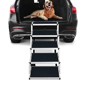 extra wide dog car steps, portable aluminum fram large dog stairs for high beds, trucks, cars and suv, lightweight foldable pet ladder ramp with nonslip surface can support 150-200 lbs large dog