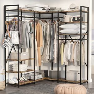 pakasept l shaped garment rack, l shaped closet organizer, freestanding corner clothes garment rack with 4 hanging rods and open shelves heavy duty metal clothing rack for bedroom