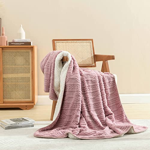 SofyCotty Sherpa Throw Blanket Soft Warm Cozy Plush Throws Blankets for Couch Sofa, Flannel Fleece Throws Geometric Knitted Pattern Blankets for Bed Living Room(50x60 inches,Pink)