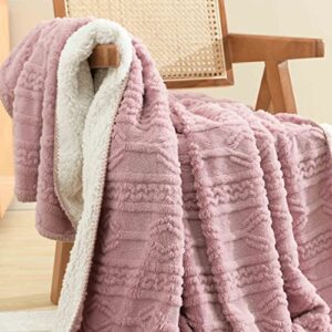 SofyCotty Sherpa Throw Blanket Soft Warm Cozy Plush Throws Blankets for Couch Sofa, Flannel Fleece Throws Geometric Knitted Pattern Blankets for Bed Living Room(50x60 inches,Pink)