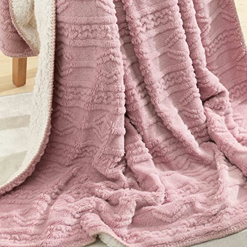 SofyCotty Sherpa Throw Blanket Soft Warm Cozy Plush Throws Blankets for Couch Sofa, Flannel Fleece Throws Geometric Knitted Pattern Blankets for Bed Living Room(50x60 inches,Pink)