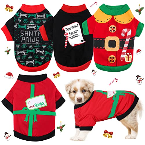 4 Pack Santa Christmas Dog Shirts for Small Dogs Cats Funny Christmas Dog Clothes Shirts for Small Dogs and Cats Puppy Christmas Clothes T-Shirts Winter Christmas Party Gift (Small Size)