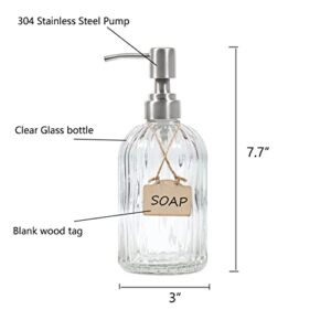 Funly mee Bathroom and Kitchen Clear Glass Soap Dispenser with Vertical Stripe - 16 Oz, 304 Rustproof Stainless Steel Pump, Refillable Liquid Glass Soap Dispenser for Hand Soap, Dish Soap (Clear)