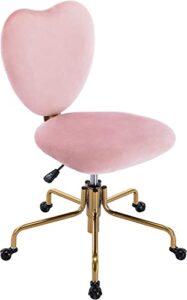 adjustable swivel desk chair with wheels, pink velvet upholstered cute home office desk chair vanity task chair with heart back