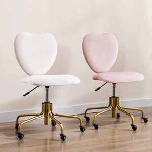 Adjustable Swivel Desk Chair with Wheels, Pink Velvet Upholstered Cute Home Office Desk Chair Vanity Task Chair with Heart Back