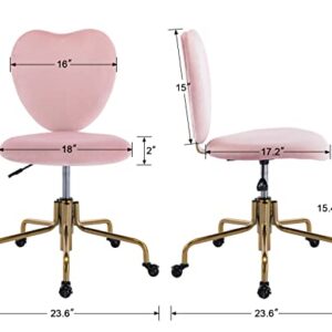 Adjustable Swivel Desk Chair with Wheels, Pink Velvet Upholstered Cute Home Office Desk Chair Vanity Task Chair with Heart Back