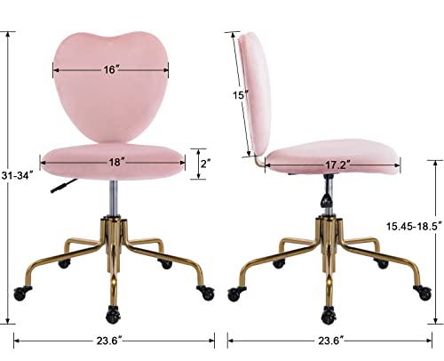 Adjustable Swivel Desk Chair with Wheels, Pink Velvet Upholstered Cute Home Office Desk Chair Vanity Task Chair with Heart Back