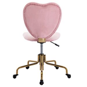 Adjustable Swivel Desk Chair with Wheels, Pink Velvet Upholstered Cute Home Office Desk Chair Vanity Task Chair with Heart Back