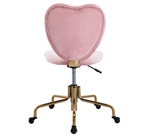 Adjustable Swivel Desk Chair with Wheels, Pink Velvet Upholstered Cute Home Office Desk Chair Vanity Task Chair with Heart Back