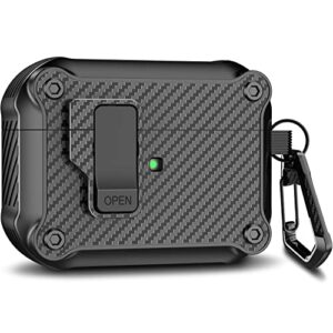 r-fun airpods pro 1st/2nd generation case cover (2019/2022) for men women,automatic secure lock clip hard shell rugged protective for apple airpods pro case with carbon fiber keychain-black