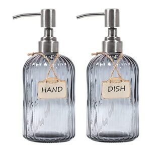funly mee 2-pack 17 oz kitchen dish soap bottle, bathroom hand soap dispenser with 304 rustproof stainless steel pump, refillable liquid glass soap dispenser (grey-2pack)