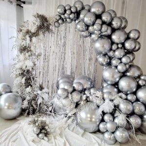 Henviro Silver Balloons Garland Kit - 100 Pcs 5/10/12/18 Inch Metallic Silver Balloons Garland Kit As Party Decorations for Birthday/Bachelorette/Graduation/Valentines Day/Baby Shower/Wedding