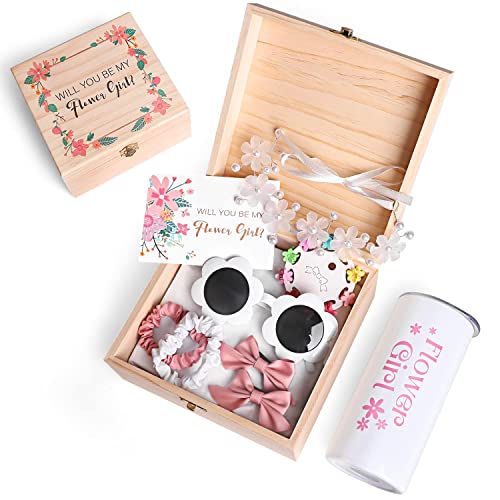 9 Pcs Flower Girl Gifts Set, Flower Girl Proposal Gifts Box, Will You Be My Flower Girl for Wedding, Flower Girl Sunglasses Hair Accessory Hairpins Hair Ring Tumbler Cup Wedding Gift Set Wooden Box