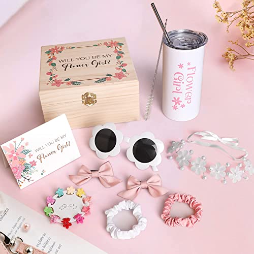 9 Pcs Flower Girl Gifts Set, Flower Girl Proposal Gifts Box, Will You Be My Flower Girl for Wedding, Flower Girl Sunglasses Hair Accessory Hairpins Hair Ring Tumbler Cup Wedding Gift Set Wooden Box