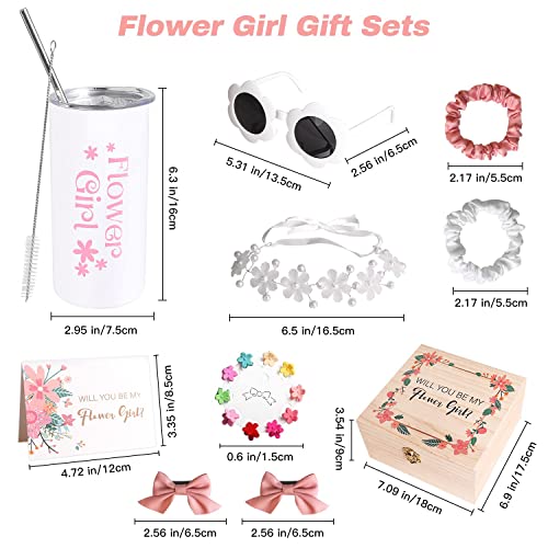 9 Pcs Flower Girl Gifts Set, Flower Girl Proposal Gifts Box, Will You Be My Flower Girl for Wedding, Flower Girl Sunglasses Hair Accessory Hairpins Hair Ring Tumbler Cup Wedding Gift Set Wooden Box