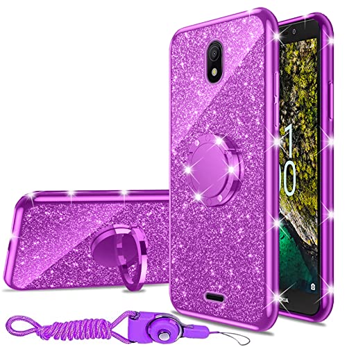 nancheng for Nokia C100 Case, Case for Nokia C100 (N152DL) Girls Women Glitter Cute Luxury Soft TPU Silicone Clear Cover with Ring Stand Bumper Shockproof Full Body Protection Phone Case - Purple