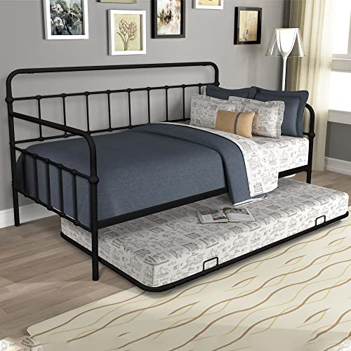 ODC Twin Size Metal Daybed with Pop Up Trundle,Heavy Duty Steel Slat Support Sofa Bed for Living Room,Bedroom/No Box Spring Needed, Black