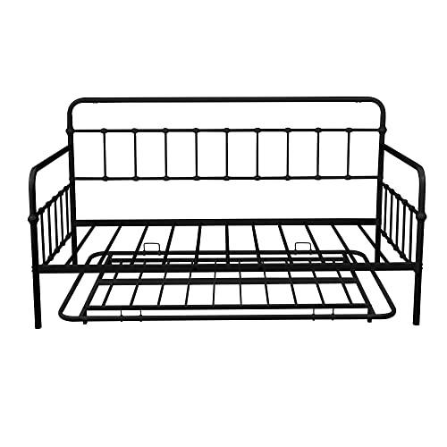 ODC Twin Size Metal Daybed with Pop Up Trundle,Heavy Duty Steel Slat Support Sofa Bed for Living Room,Bedroom/No Box Spring Needed, Black