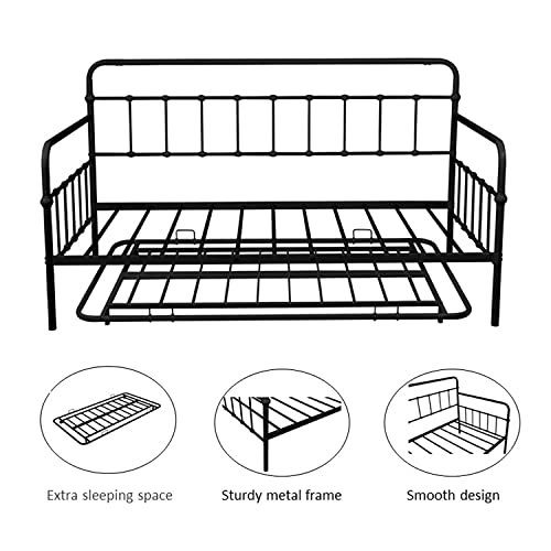 ODC Twin Size Metal Daybed with Pop Up Trundle,Heavy Duty Steel Slat Support Sofa Bed for Living Room,Bedroom/No Box Spring Needed, Black