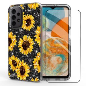 DDTKZC for Samsung Galaxy A23 5G Case，Samsung A23 5G Case Tempered Glass Protector Lustre Pattern-Sparkle 3 in 1 Clear Shockproof Case for Samsung A23 5G (Yellow Sunflower)