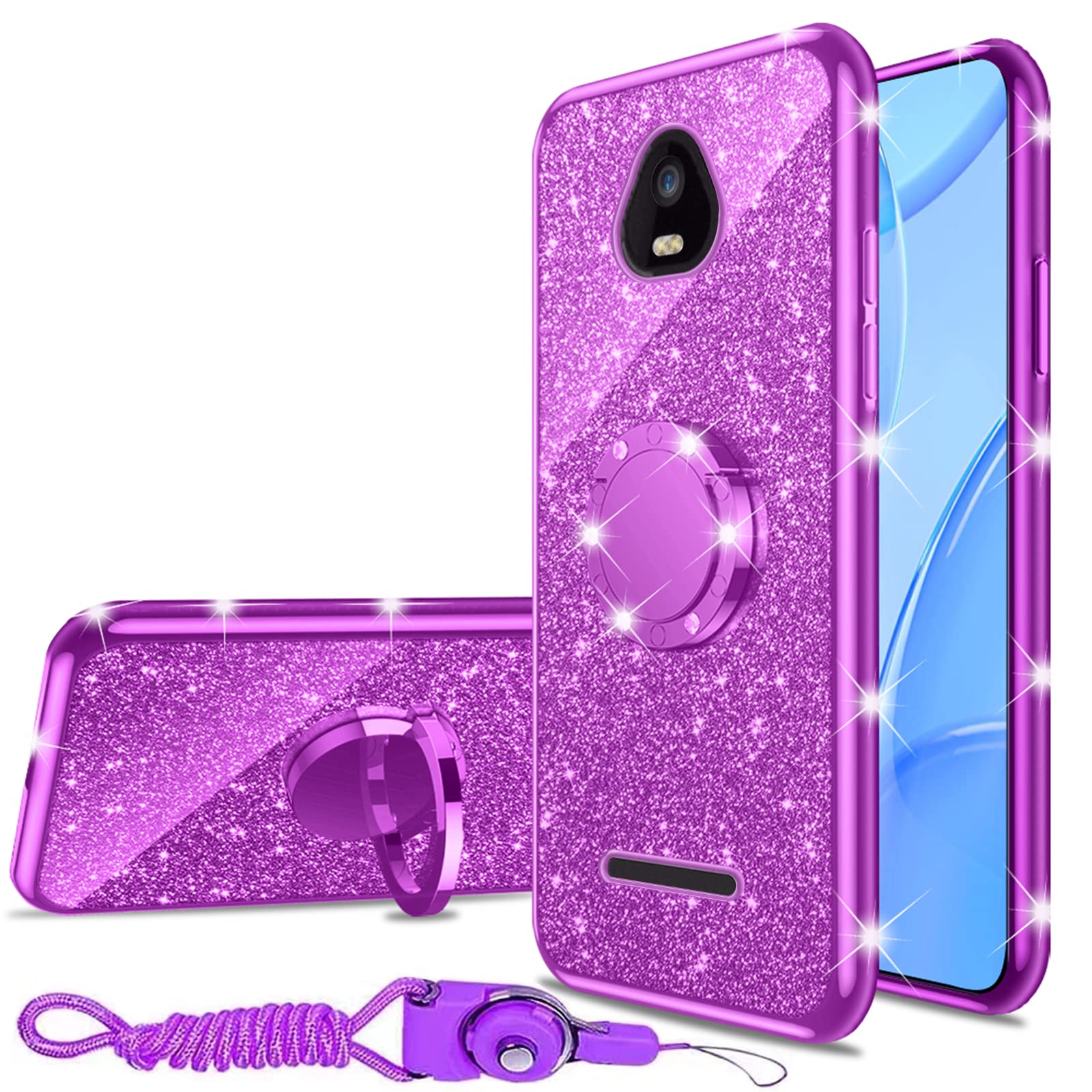 nancheng for Schok Volt SV55 Phone Case (SV55216), Case Schok Volt SV55 Girls Women Glitter Cute Soft TPU Cover with Ring Kickstand Strap Lanyard Bumper Shockproof Protective Cell Case - Purple