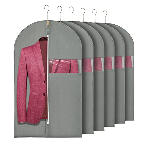 HWAJAN 24"X40"6PACK Garment Bags for Hanging Clothes Travel Suit Cover Bags for Closet Storage with Clear Window Non-Woven Fabric Protector Bag with Zipper for Suits,Coats,Shirt,Jackets,Sweaters