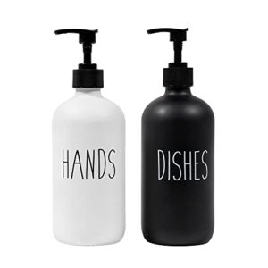 funly mee 2 pack farmhouse glass soap dispenser set -17 oz, refillable hand soap and dish soap dispenser for bathroom and kitchen (black/white)